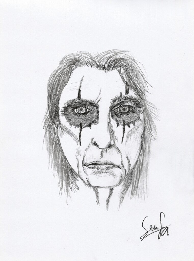drawing of alice cooper's framed face in his typical make-up. he looks rather serious. the drawing is done in pencil on bleached paper.