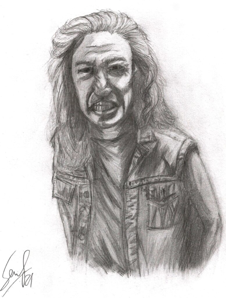 A drawing of Bob from the show Twin Peaks. He wears his sleeveless jeans vest and looks angry