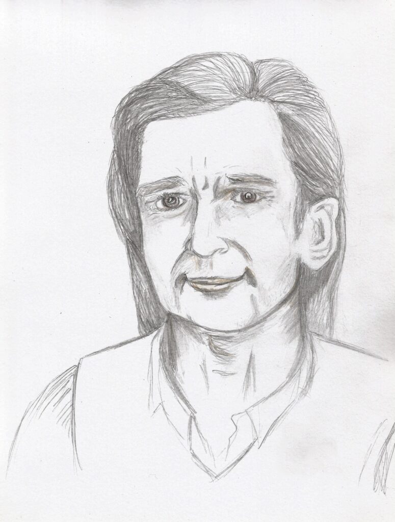 pencil sketch of an older man with long hair, wearing a formal shirt and vest, looking friendly