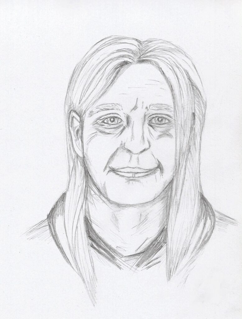 rough portrait sketch of an older man with long hair, looking friendly