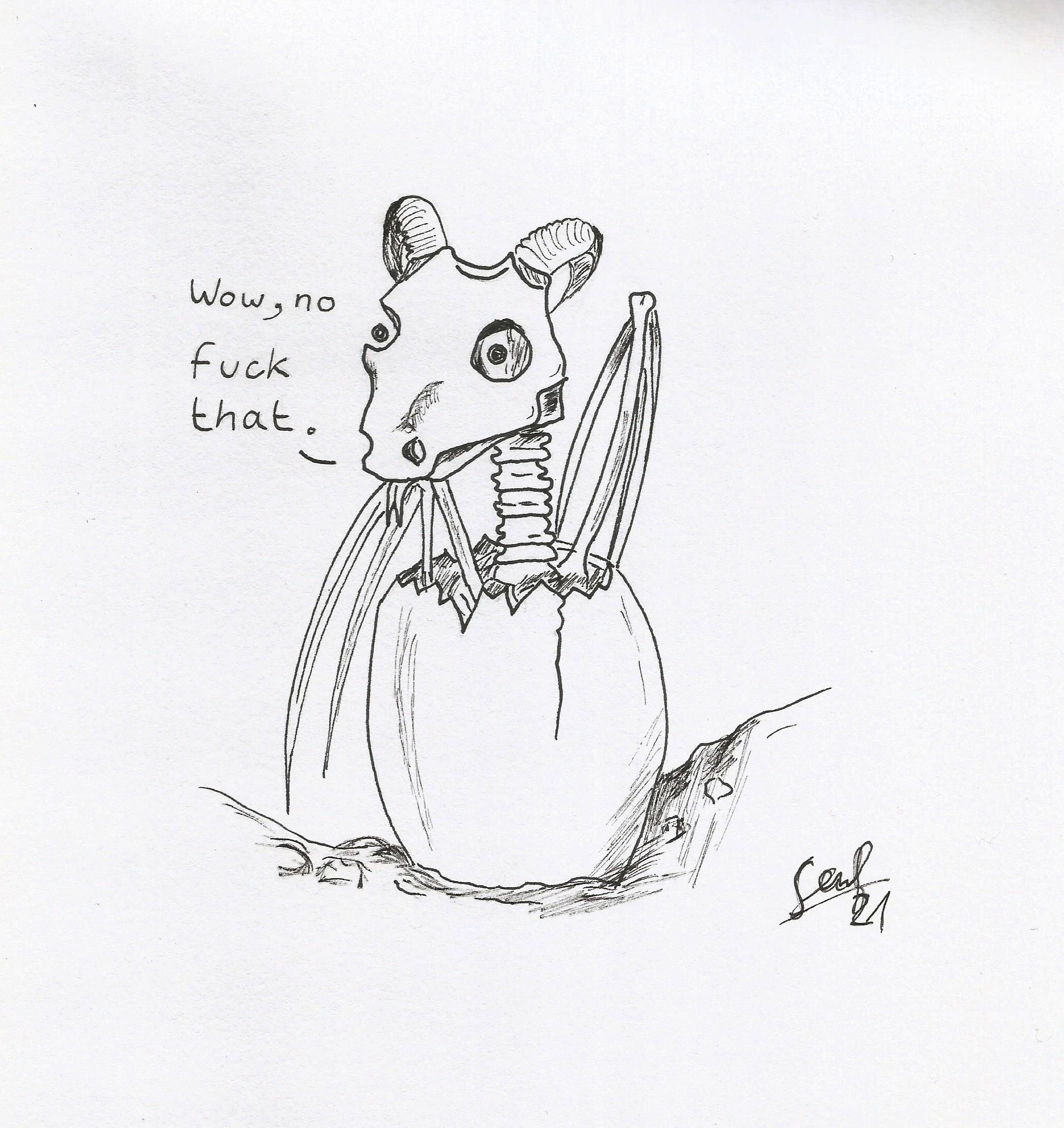 comic drawing of a dragon made completely from bones with horns emerging from a cracked egg in an earth mould declaring "wow, no. fuck that."