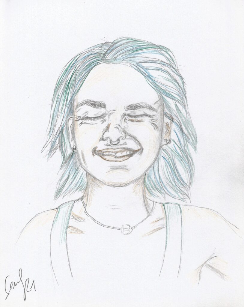 a rough drawing of a young woman with blue hair, squinting her eyes in the sun and smiling