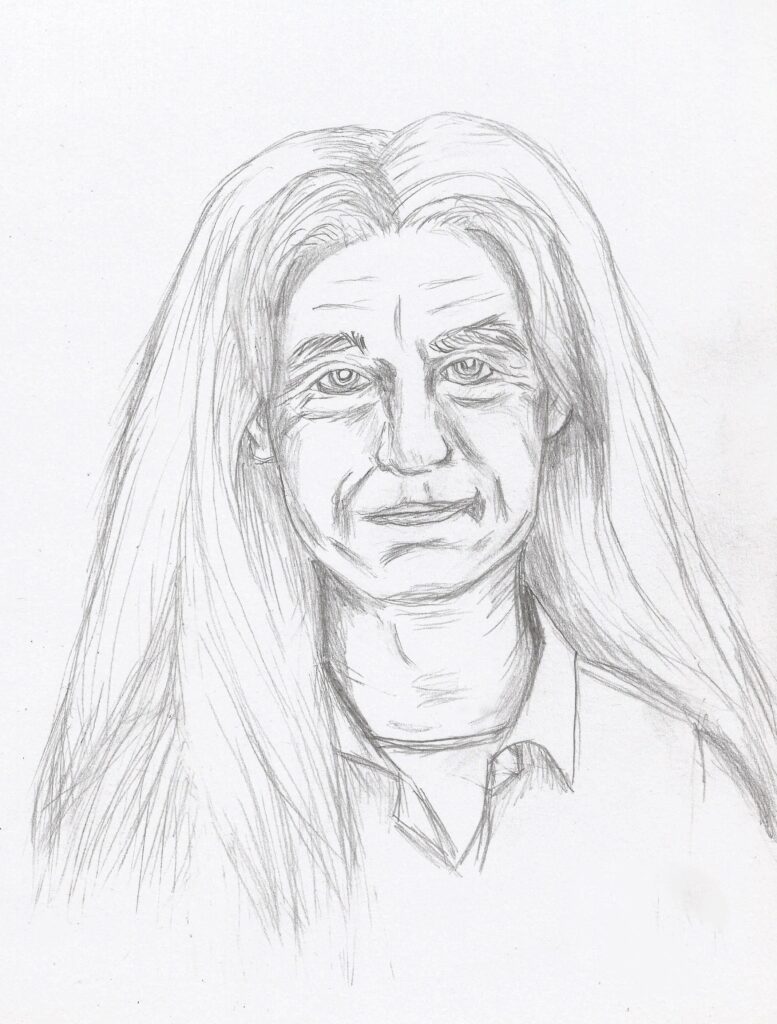 drawing of an old man with lush voluminous long hair falling over his shoulders, looking serious but friendly