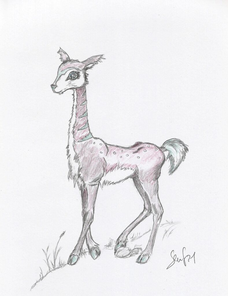 Drawing of a fantasy animal. It is some kind of deer with an extremely long neck and skinny long legs. It is violet colored and has a bushy tail.